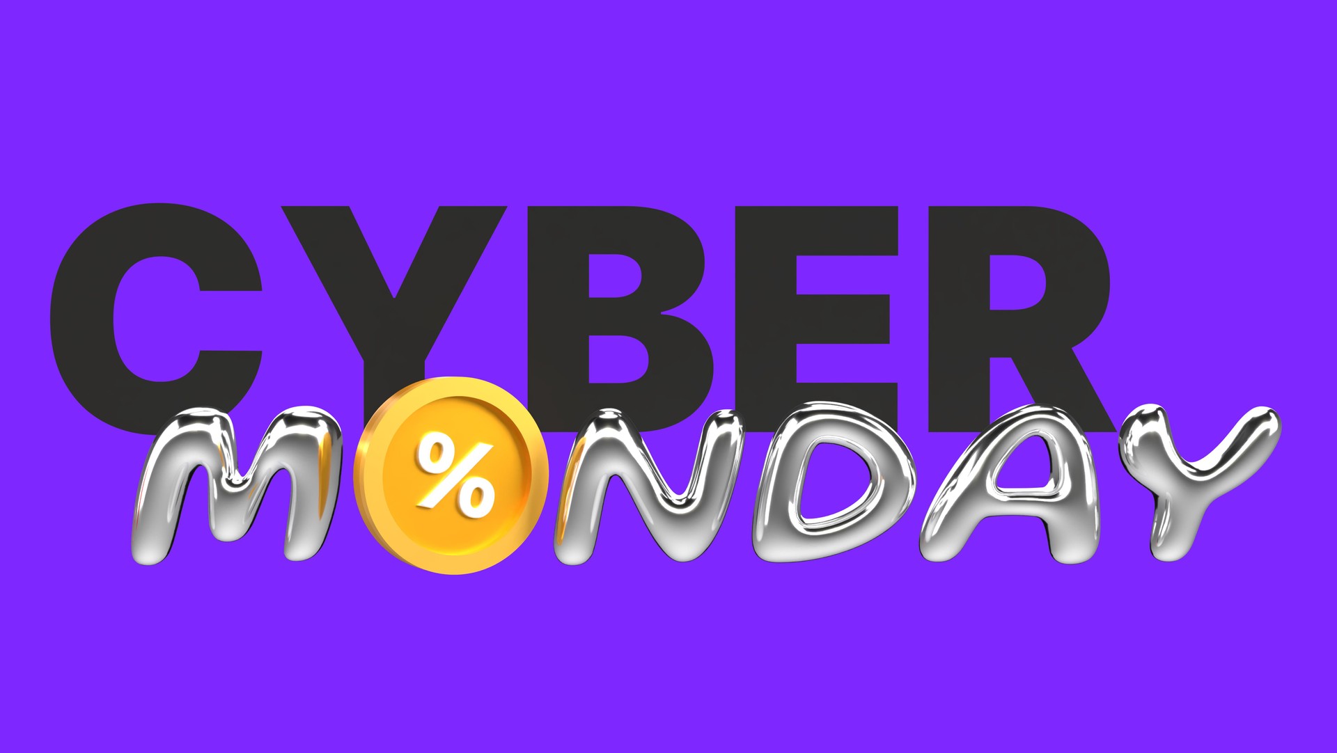 Cyber Monday 3D black metallic text with chrome silver effect, golden coin percent symbol replacing letter O, luxury shopping discount banner, retail promotion design, premium commerce sale event advertisement isolated on white background.