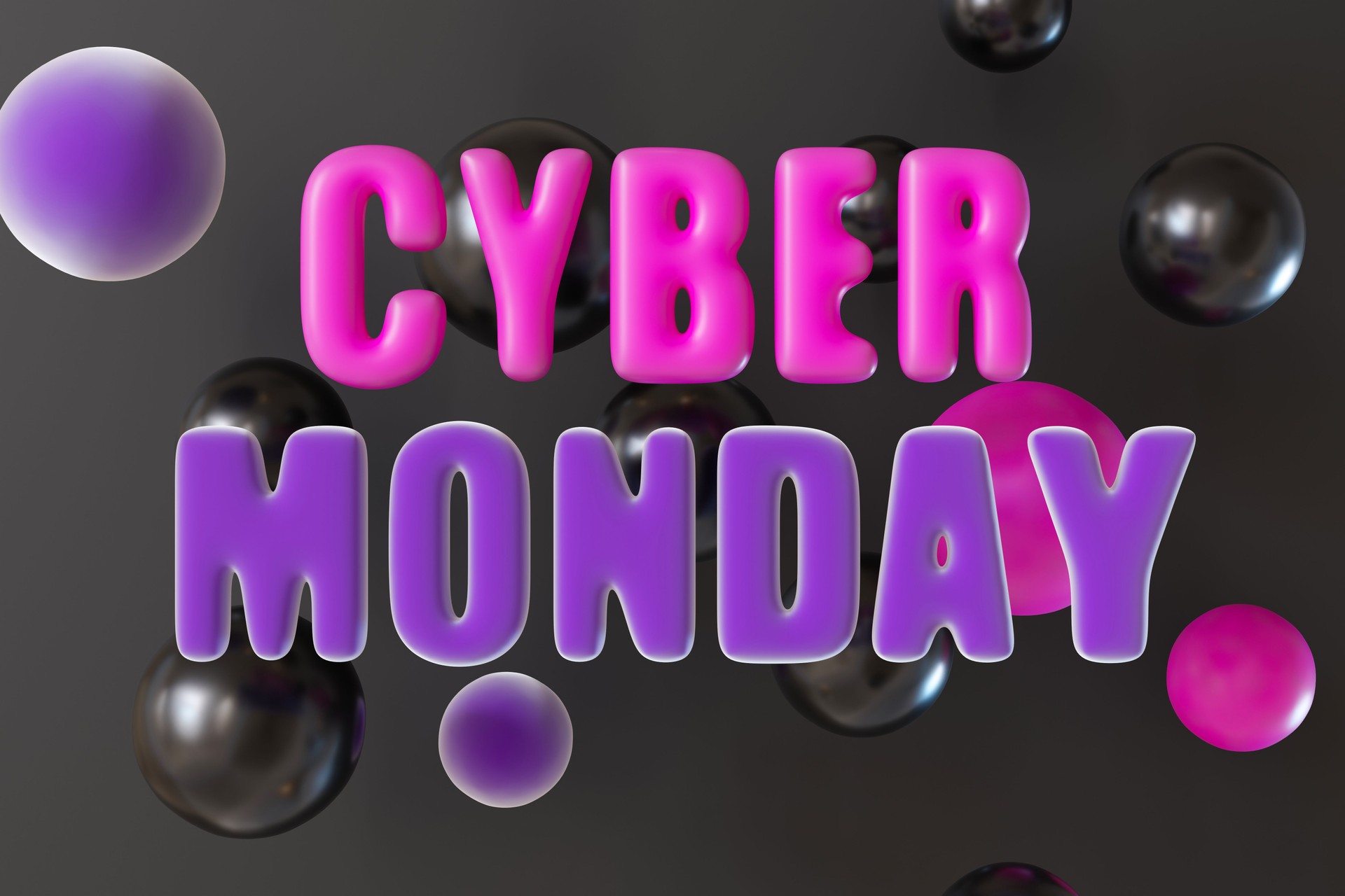Vibrant 3D Cyber Monday text against dynamic black background. Perfect for promoting online sales, discounts, and e-commerce events with modern aesthetic.